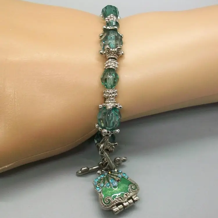 Aqua Blue Bead Toggle Bracelet with Enamel Purse and Key Charms 7"