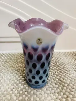 Vintage Fenton Purple Coin Dot Ruffle Top Opalescent Vase 8” Tall Beautiful