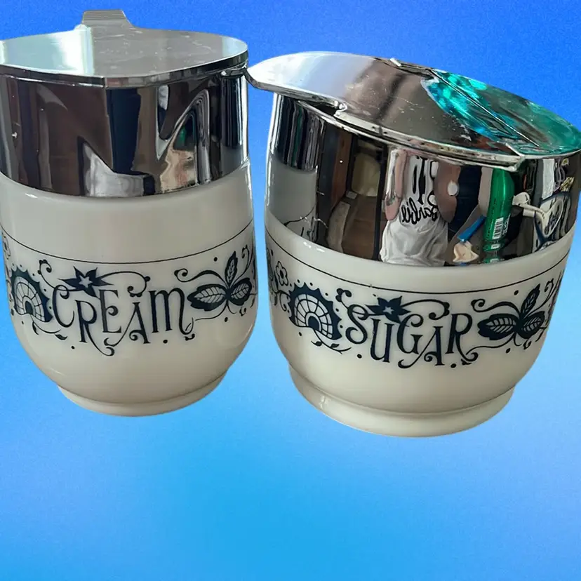 Vintage Milk glass Gemco cream and sugar set. Blue And White With Lids.