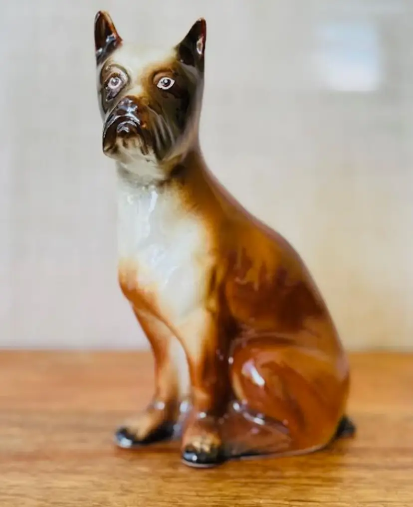Vintage Brazil Ceramic Pottery Brown & Black Boxer Puppy Dog Figurine Statue 7"