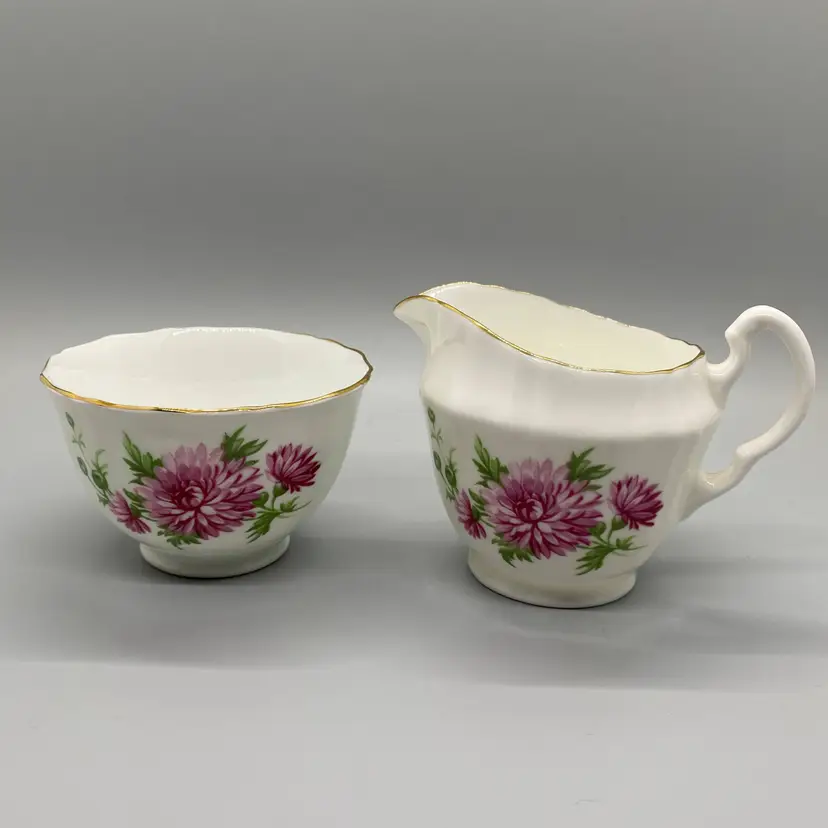 Vintage Adderley England Hand Painted Pink Chrysanthemums Open Sugar and Creamer