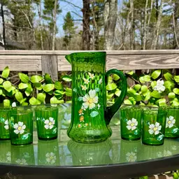 Antique Victorian Hand-Blown Green Glass Lemonade Set *CALL OUT*