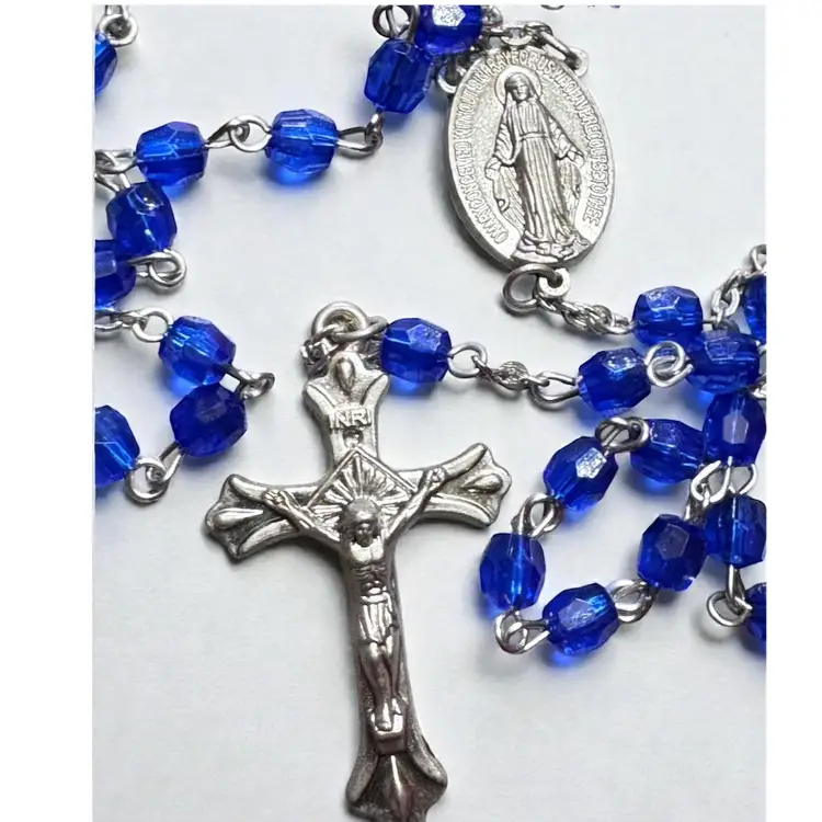 Vintage Blue Faceted Bead Silver Tone Rosary Necklace - 24” with 6” Tail - Clean & Very Good Condition