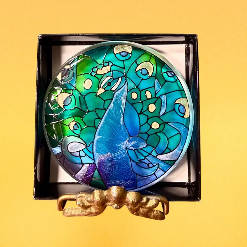 Vintage JOAN BAKER DESIGNS Glass Peacock Paperweight Faux Stained Glass w/ box
