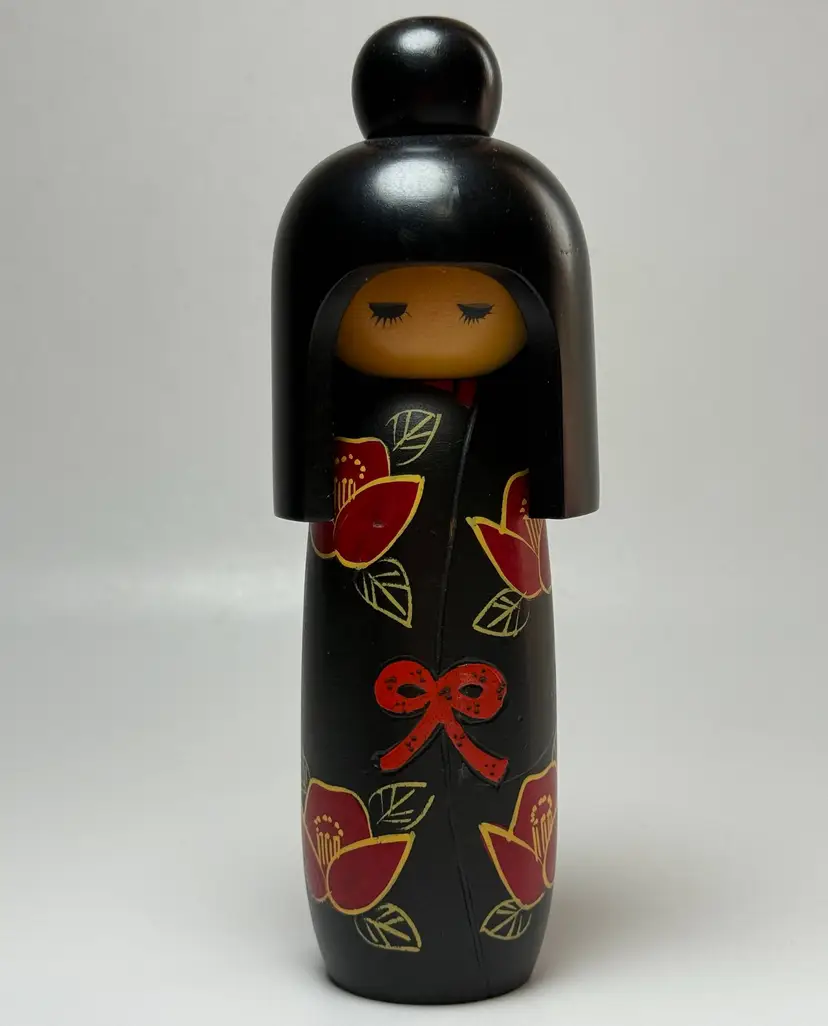 Kokeshi Japanese Wooden Doll 8" Black Red Folk Art Kimono