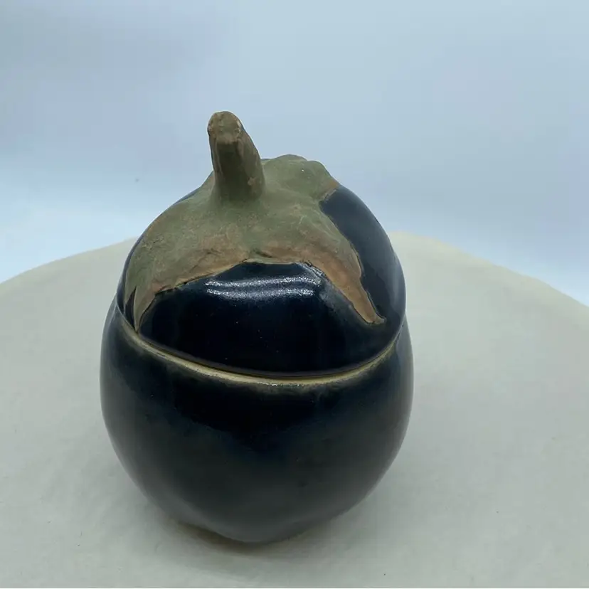 #2219 - Hand Made Pottery Aubergine Egg Plant Jar with textured Stem and Lid