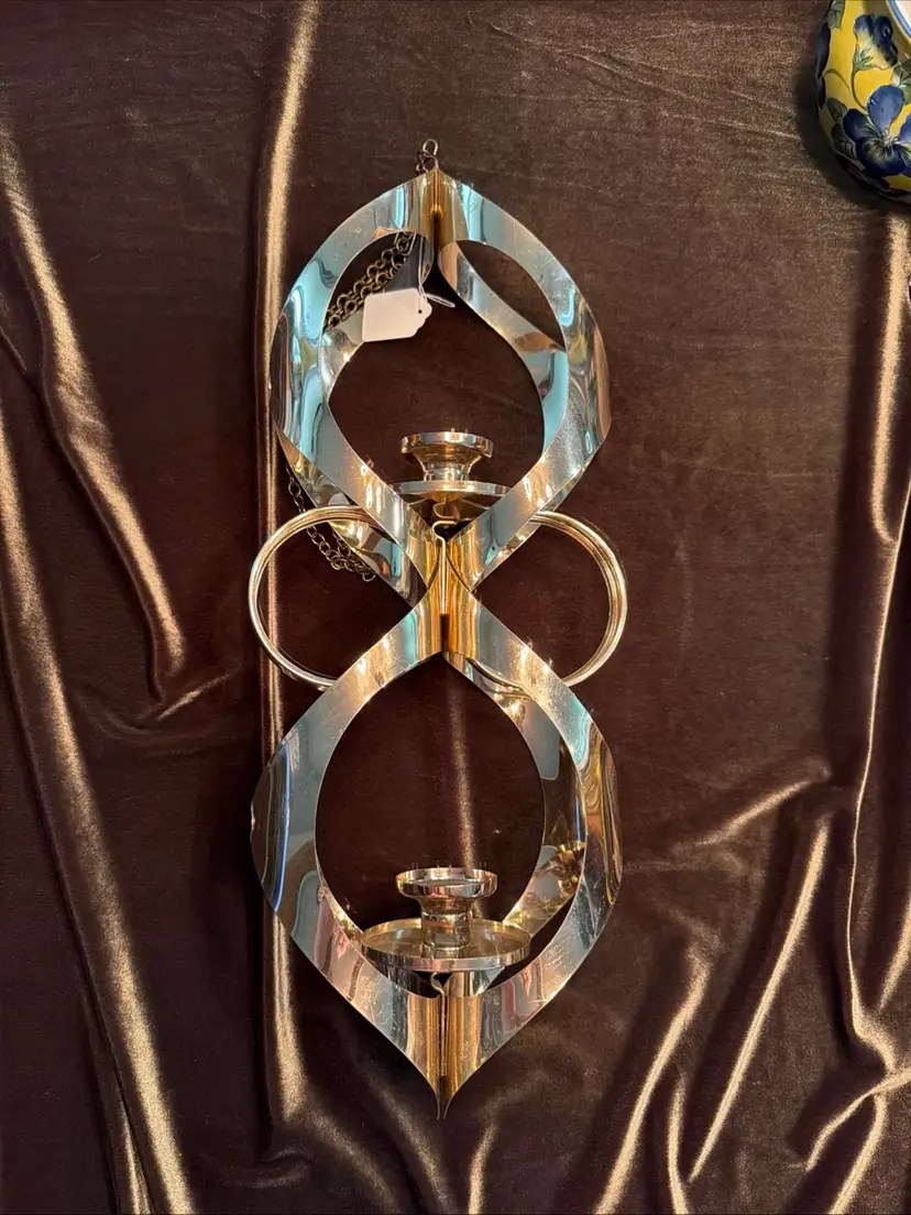 Vintage Mid Century Modern Mascot Gold Tone Hanging Chandelier Candle Holder 18"