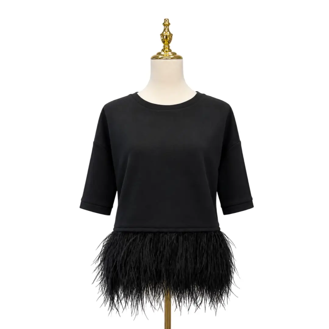LE SUPERBE Black Feather Trimmed Cotton T-shirt Sz L