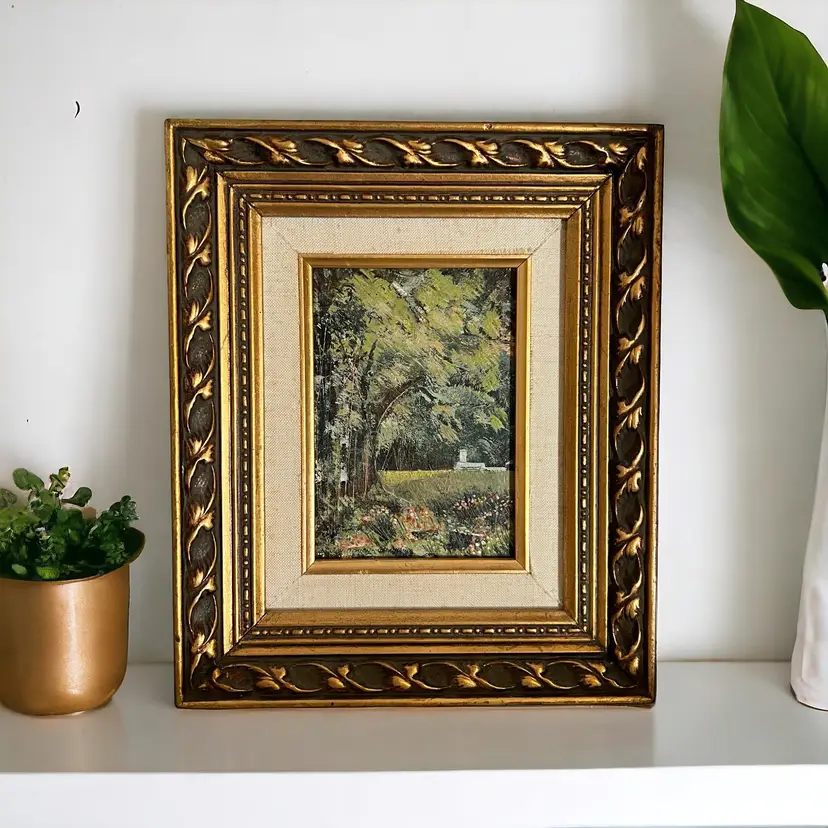 Judy O'Brien Galatha Original Signed Painting. Acrylic Expressionism Country Scene with Trees, Flowers Barn. Gold Frame c 1974