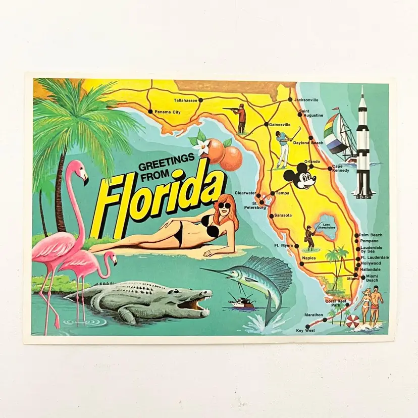 Greetings From Florida Postcard State Map Sexy Girl Flamingo Alligator Vtg 1980s