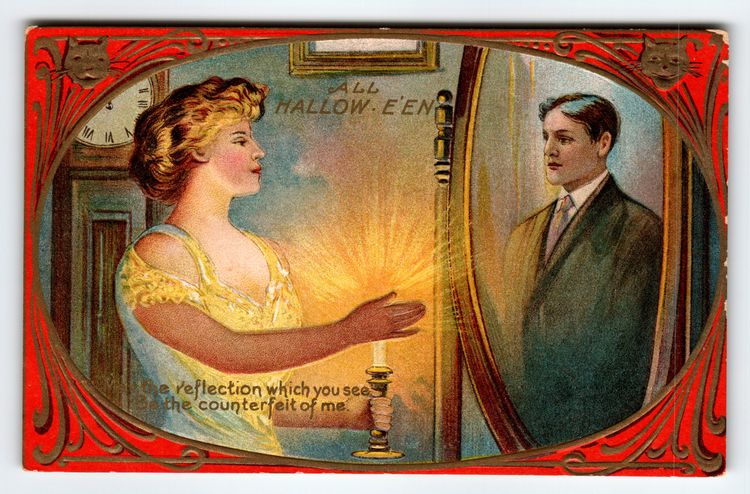 Vintage 1907-1915 Halloween Reflections Lithograph Postcard Woman Man & Mirror