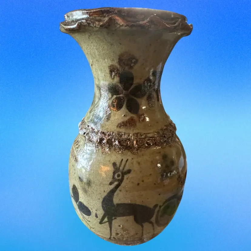 Vintage Tonala México Folk Art Clay Pottery Vase Hand Painted Marked Mexico