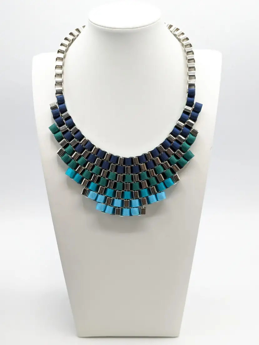 Chunky Silver Tone and Ribbon Statement Necklace