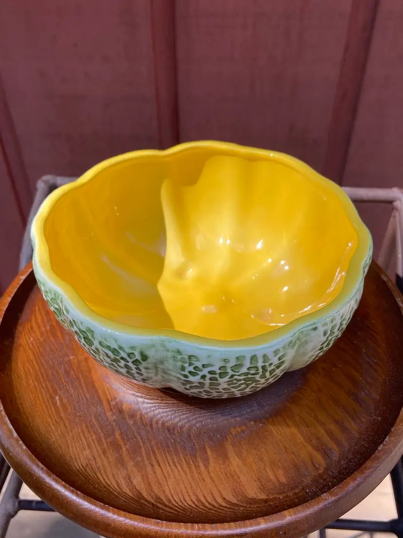 Pair of Cantaloupe Bowls. 3 ‘footed’. Vibrant Interior Yellow/Orange Color. Made In Japan Sticker.