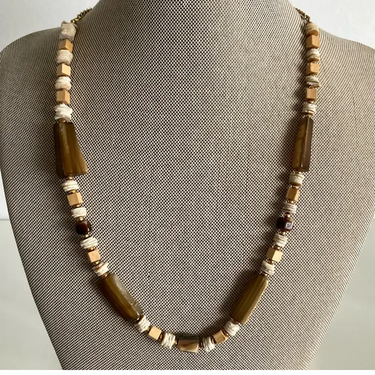 Vintage Carved Antler And Wood Beaded Necklace