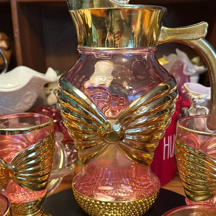 Vintage Pink & Gold Pitcher With 6 Glass Set