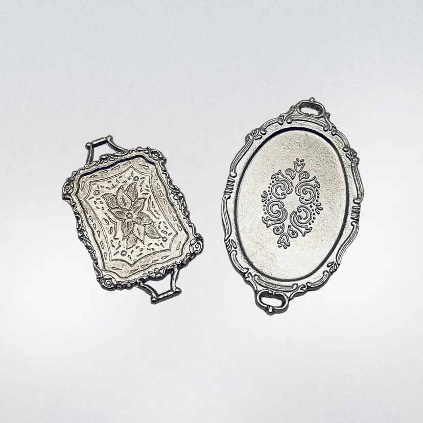 Miniature, silver-toned, metal trays. Perfect accessory for a dollhouse or a miniature collection!