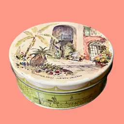 7.5” Vintage Fruit Cake Tin, BRULATOUR PATIO Old New Orleans, READ