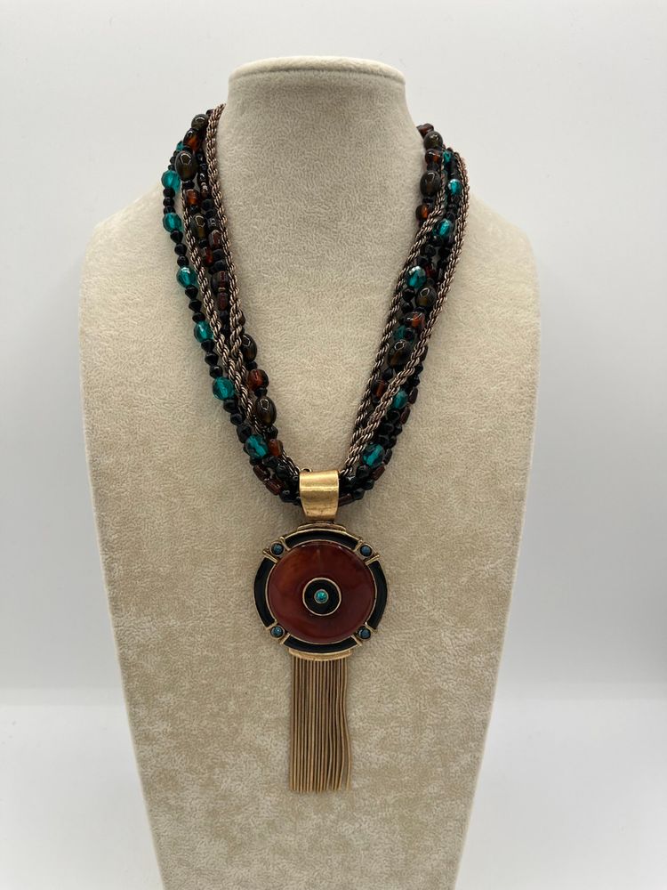 Chicos Necklace Medallion Shield Tribal Turquoise Gold Tone Brown Tassel
