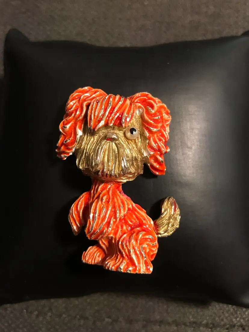 Vintage JJ Jonette Jewelry Gold-Tone Shaggy Spaghetti Dog Brooch