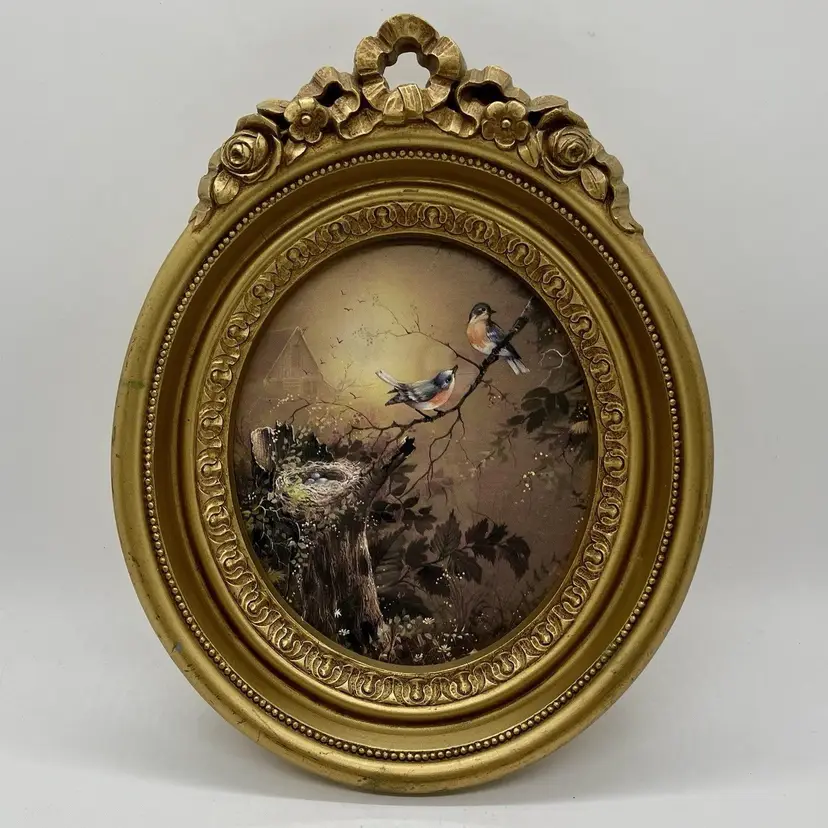 Vintage Homco Blue Birds Nest Picture 9x7 Gold Ornate Frame Victorian Style
