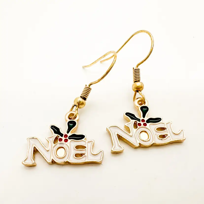 Christmas Earrings, Noel, Enamel Accent, Handmade