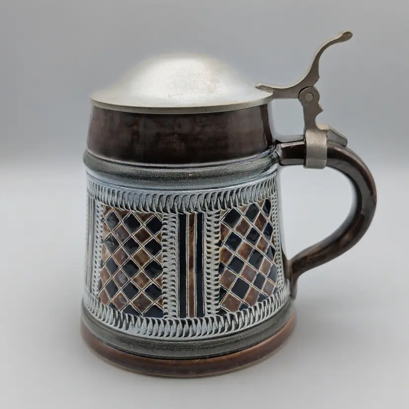 Handarbeit Handmade Brown & Blue Checkerboard Pattern Beer Stein Made In Germany