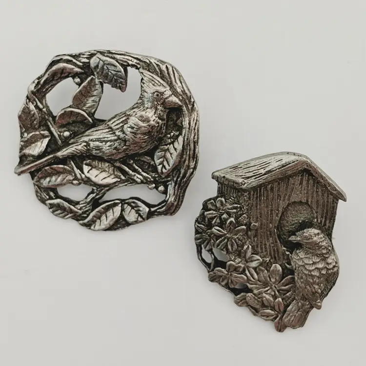 Birds and Bloom Cardinal and Flowers and Bird with Birdhouse Pewter Brooches