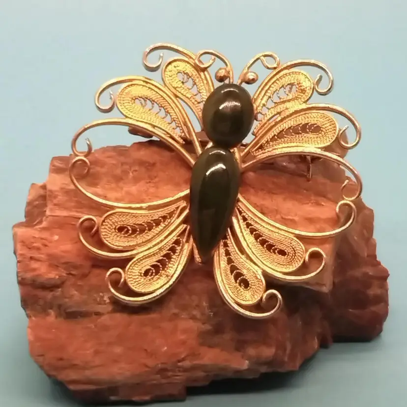 Vintage Jade Stones With Gold Tone Filigree Butterfly Brooch
