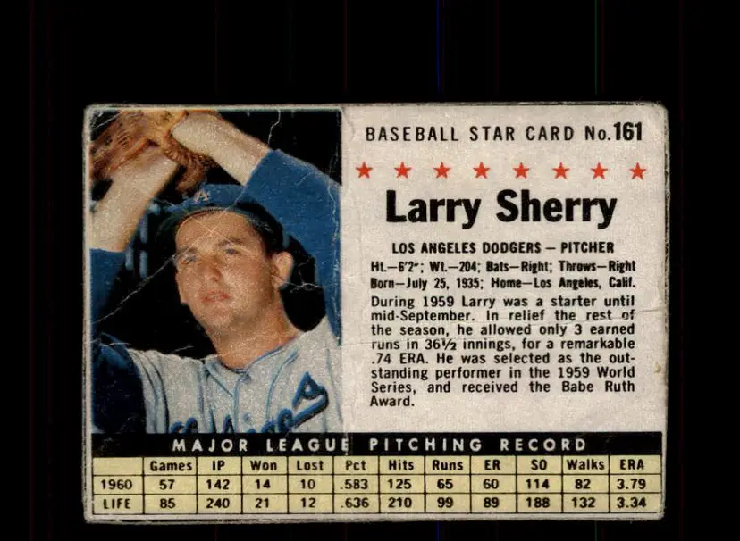 1961 Post Cereal (F278-33) #161 Larry Sherry - (pk3) - Los Angeles Dodgers