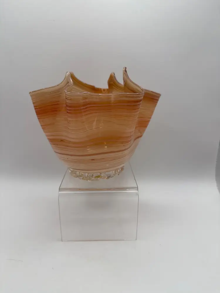 MCM Handkerchief Art Glass Vase Hand Blown Gold Flecks in the Base Trim 4.5 in