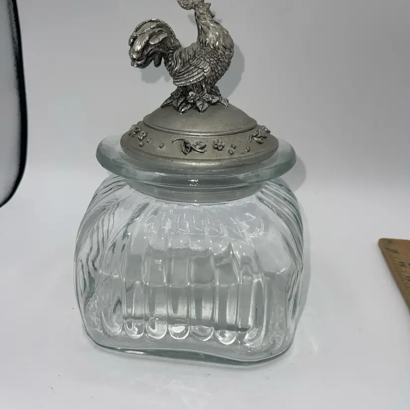 Vintage 9” Ribbed Clear Glass Canister with Rooster Lid Pewter Large Farmhouse