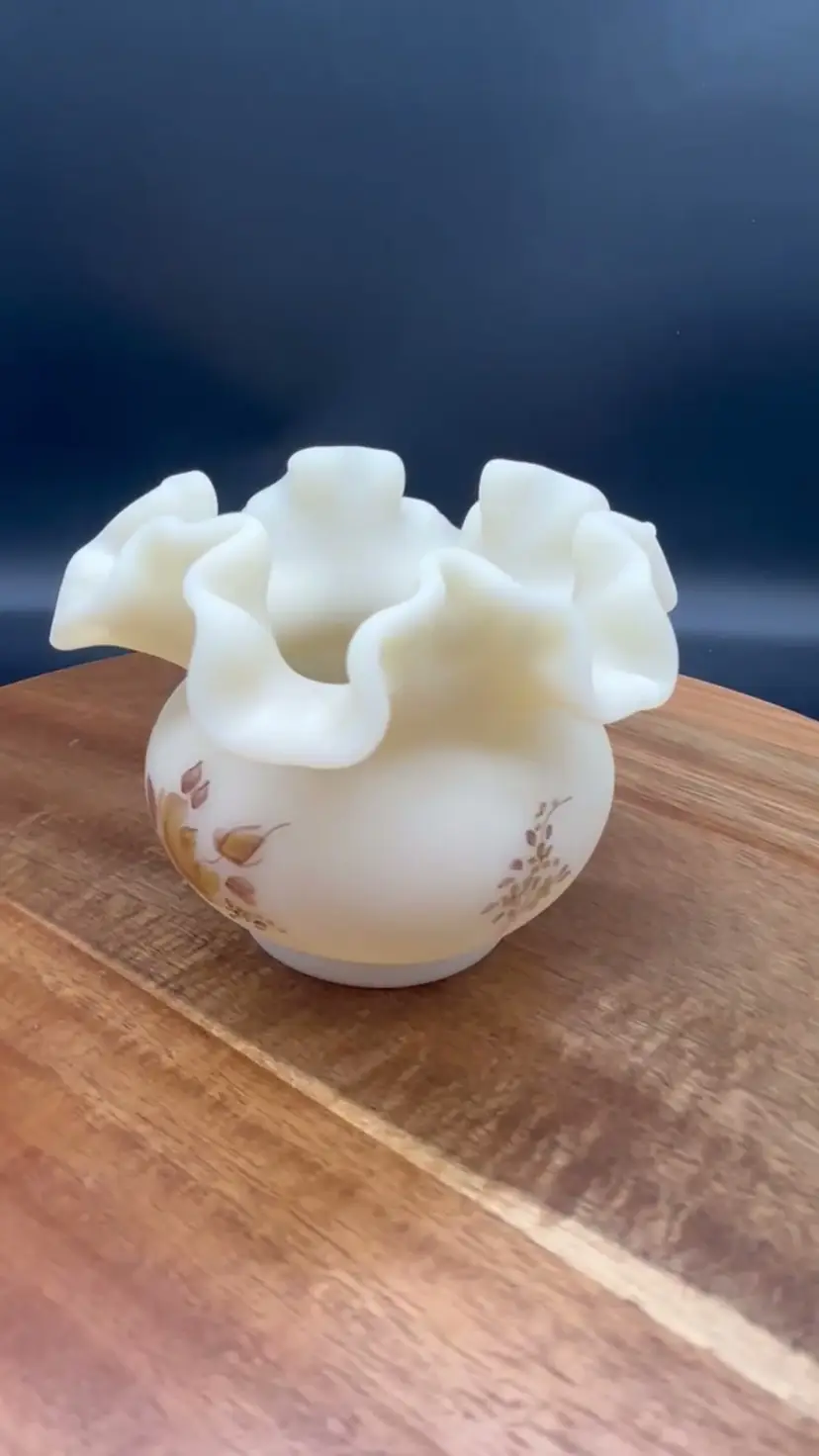 Fenton Custard Satin Glass Vase with Handpainted Roses and Ruffled Rim, Signed