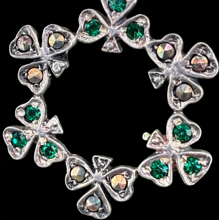 Clover Shamrock Wreathe Brooch Pin 925 Silver Tested Green Rhinestones Ireland Original Box