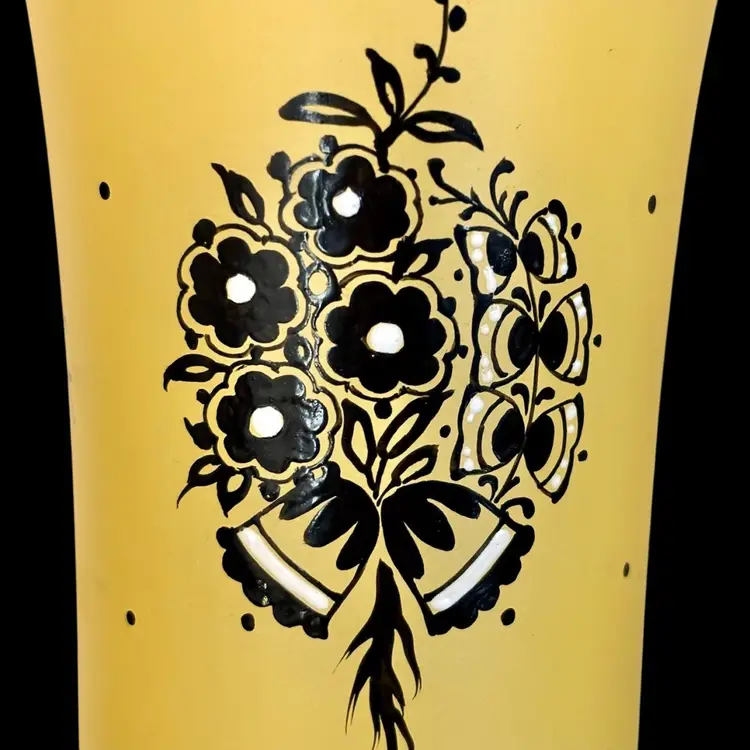 Frosted Yellow with Black Detail Painted Glass Vase 10”