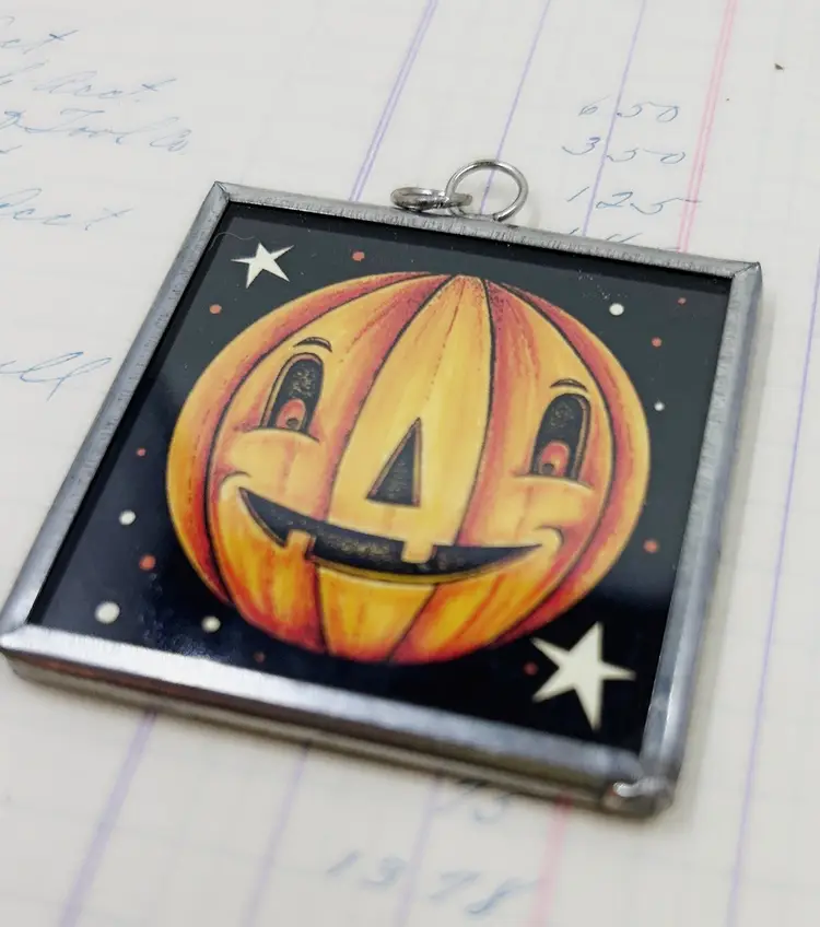 Halloween Pendant Black Cat Orange Pumpkin Jack O Lantern In Silver Frame With Loop 2” Free Shipping