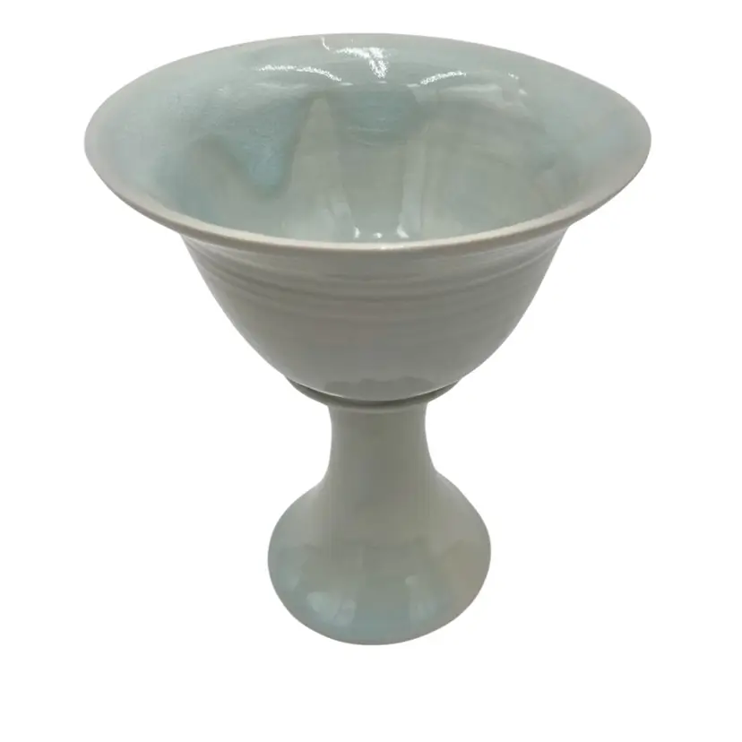 Studio Pottery Pedestal Chalice/Goblet/Cup, Light Blue Drip Glaze, Signed