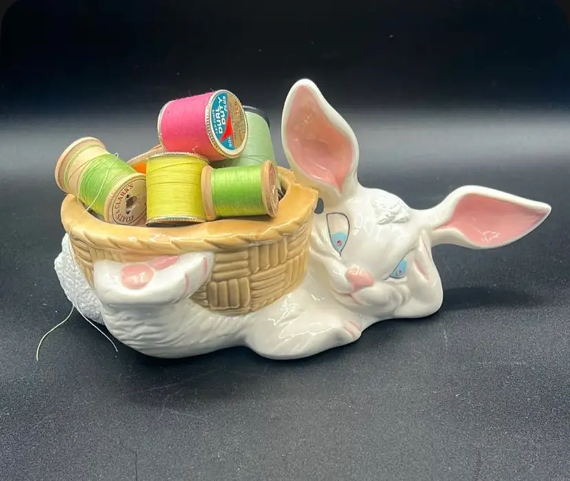Ceramic Easter Bunny White Rabbit w/ Basket Planter Bowl signed vintage 9"x 5"