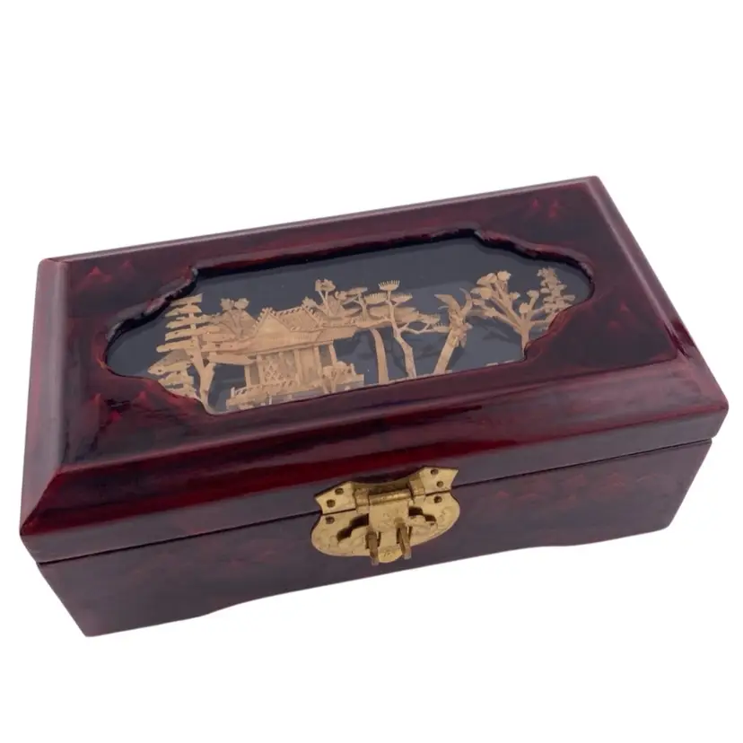 Vintage Jewelry Box Asian Flare Lacquered Diorama Pagoda Scene Latching Retro