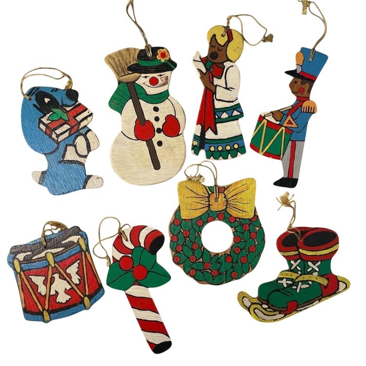 Vintage Set of 8 Wooden Painted Christmas Ornaments, Caroler, Dog, Drum, Frosty the Snowman, Wreath, Candy Cane