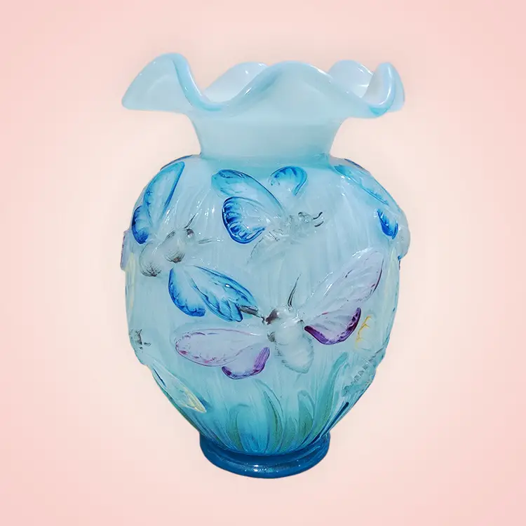 Vtg Fenton Blue Topaz 3D Raised Dragonfly Art Glass Vase Hand Painted Signed EUC