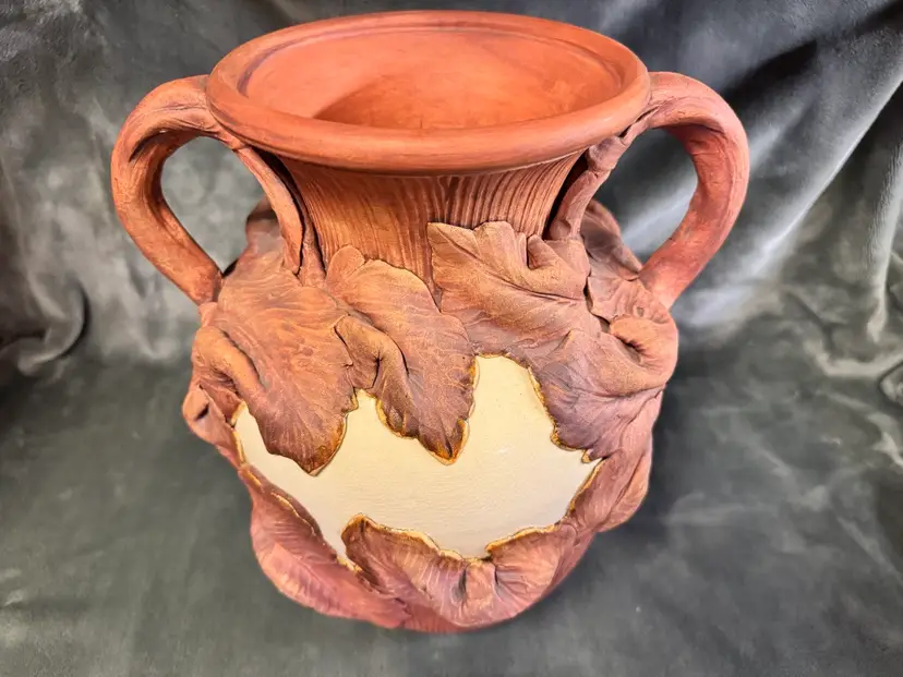 Vintage TERRAFIRMA USA Terra Cotta Art Pottery Vase Leaves Signed WE Evans 1992