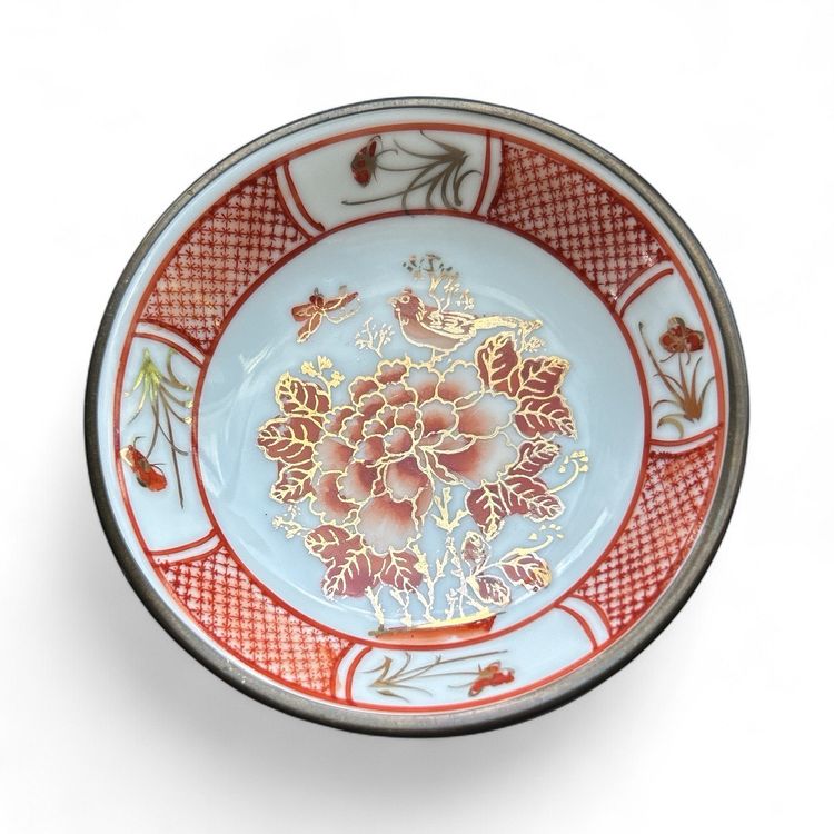 Hand Painted Hong Kong Stanley Red And Gold Ceramic And Brass Encased Trinket Dish