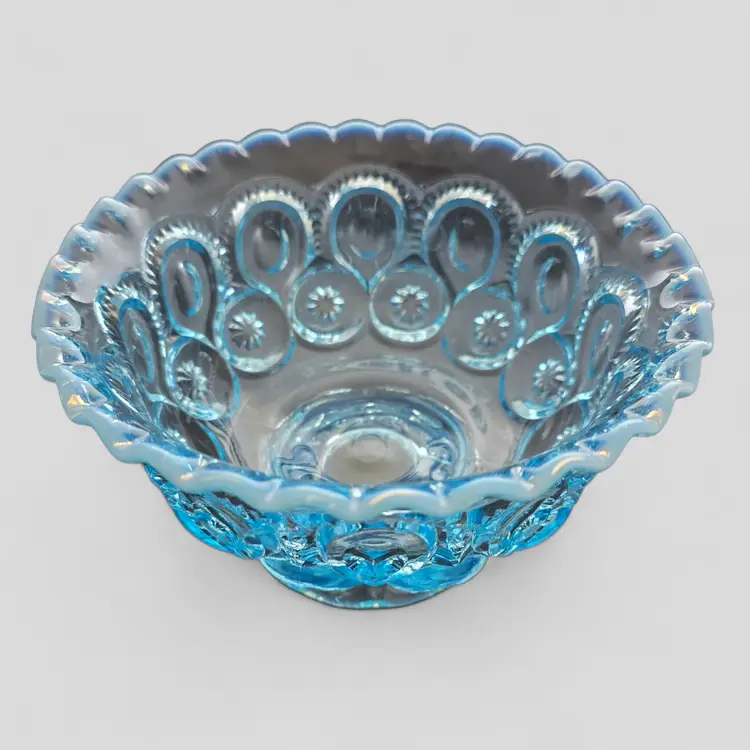 L.E Smith blue opalescent moon and stars footed bowl