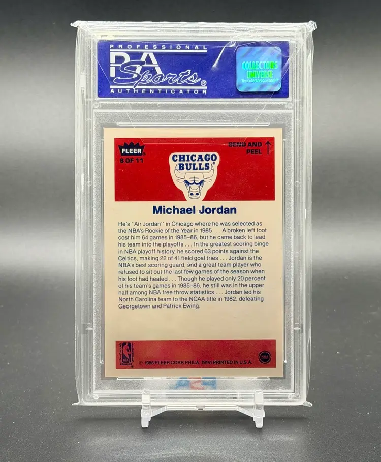 MICHAEL JORDAN PSA 8 NM-MT 1986-87 FLEER BASKETBALL #8 ROOKIE STICKER RC BULLS