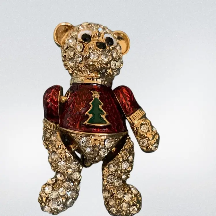 Gold Tone Articulated Bear Brooch With Red Christmas Sweater With Green Tree, White And Dark Blue Rhinestones