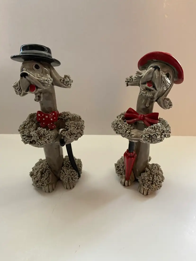 Vintage Ceramic Grey Spaghetti Poodle Figurines (2) With Hats & Accessories 7β X 2.5β