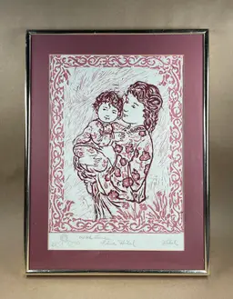Edna Hibel Signed Limited With Love Linocut Print Lucinda and Child Matted Framed