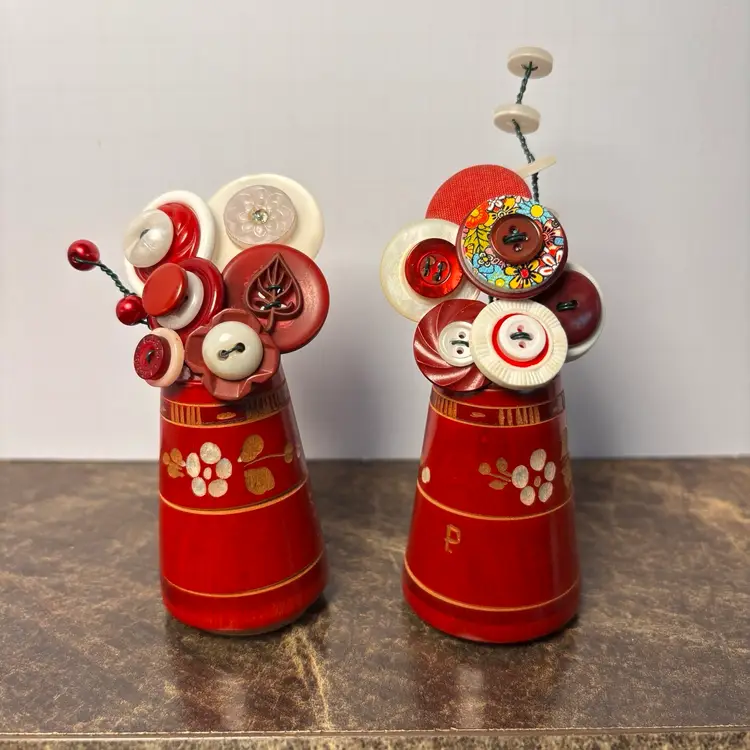 Handmade Vintage red wooden S/P Shakers Upcycled Into Button Bouquets.