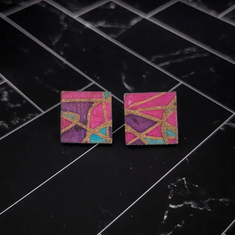 Vintage Stud Earrings Pink/Purple/Teal Geometric Artist Statement